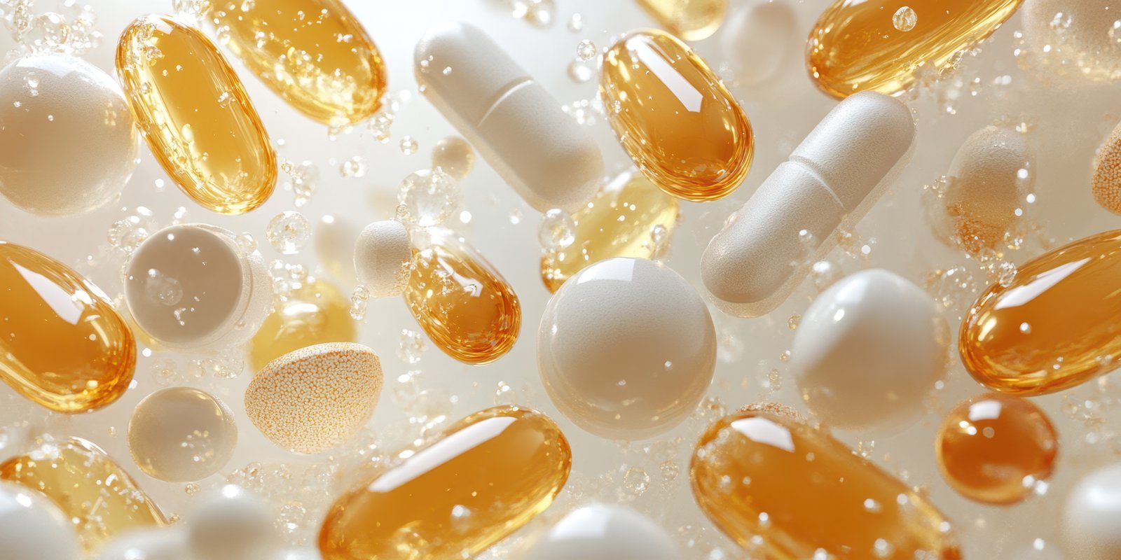 Unique collection of gold and white vitamins and supplements floating in liquid